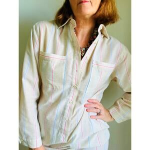 Vintage 80s Shirt Dress Size M Cream Striped Preppy Twee Vintage Country Club
